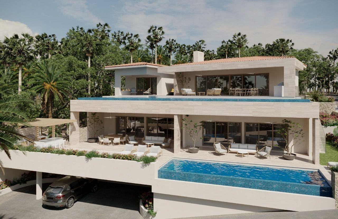 Club Campestre Coronado Espejo 4 bed home plan , this floorplan boasts a great room with vaulted ceilings over the living/dining/kitchen area which looks out over the large covered terrace and the hand-made infinity edge pool beyond. The chefs kitchen with huge island with seating boasts Wolf and Sub-Zero appliances. The master and guest master have large ensuite baths w/ shower and tubs, and also both have ocean – Brand New CUSTOM HOME, San Jose Corridor, BS